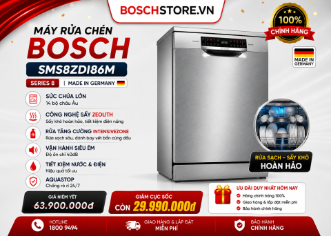Máy rửa chén độc lập Bosch SMS8ZDI86M - Series 8 - Sấy Zeolith - Made in Germany